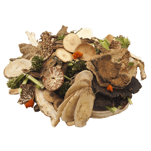 medicinal mushrooms A pile of assorted dried medicinal herbs and roots, including sliced rhizomes, bark, stems, and pieces of dried fruit, arranged on a round plate. The mix appears earthy and textured, commonly used in traditional Chinese or Ayurvedic medicine.